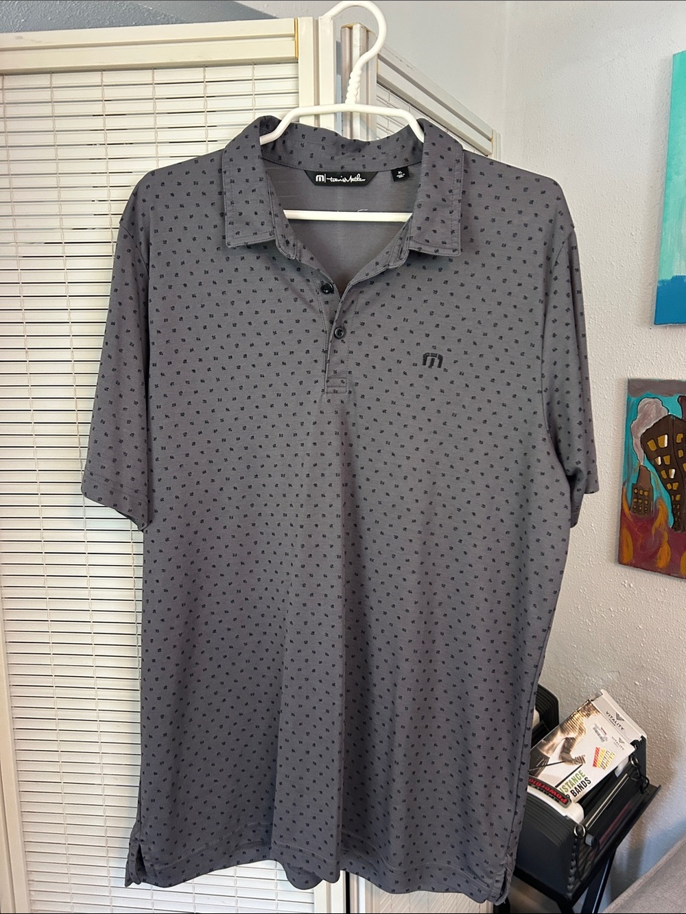 Travis Mathew Men's Charcoal Gray Polo with Small Dot Pattern